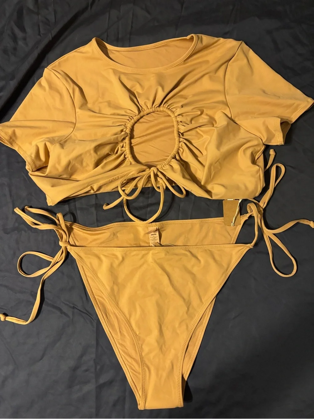 SKIMS SWIM RUCHED T-SHIRT and LOW RISE TIE BIKINI BOTTOM in Ochre